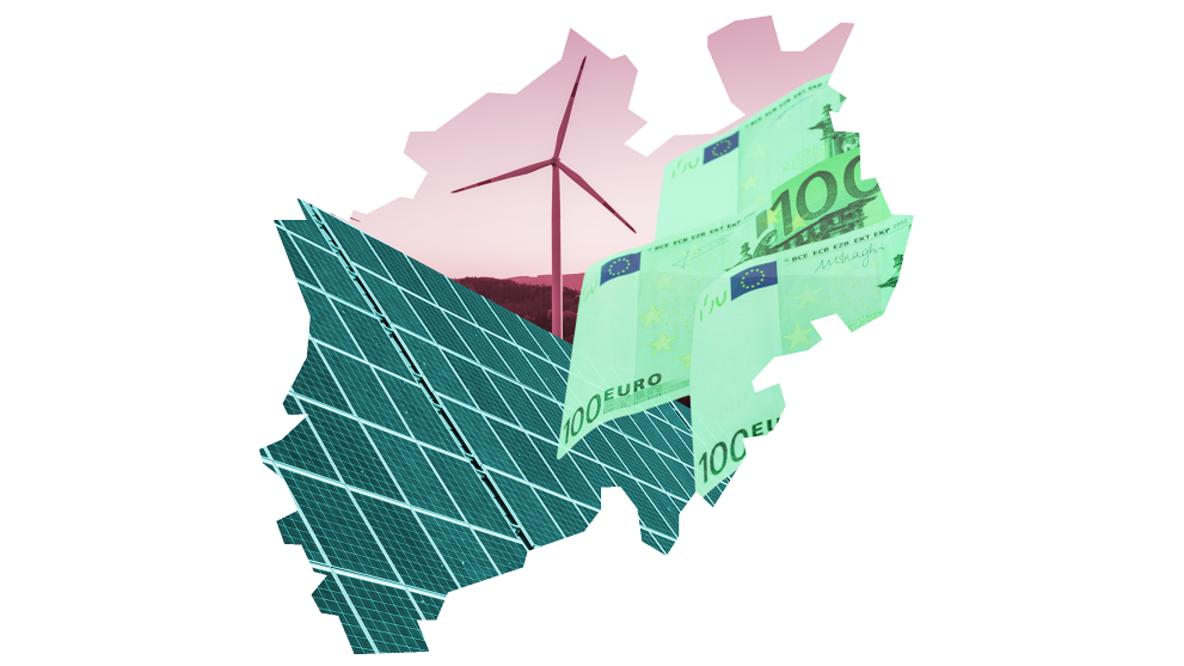 Visual zum 2. NRW Finanzierungskongress zeigt Windrad, Solarkollektoren und Geldscheine in einem Umriss des Bundeslandes NRW