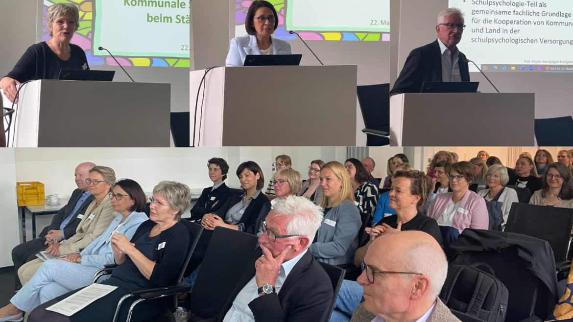 Daniela Schneckenburger, Beigeordnete beim Städtetag NRW (oben am Rednerpult v.l.), Tanja Reinlein, Abteilungsleiterin im Ministerium für Schule und Bildung und Hansjürgen Kunigkeit, ehemaliger Leiter der Schulpsychologie im Rhein-Erft-Kreis.