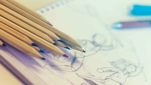 Symbild Kreativität: Bleistifte auf Zeichnung