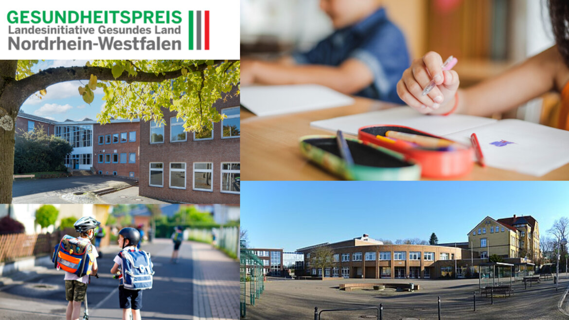Unter anderem die Otto-Schott-Gesamtschule (links oben) und die Holzkamp-Gesamtschule in der Stadt Witten erhielten den Gesundheitspreis 2024. Collage: Städtetag NRW