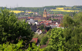 Witten -Panoramaaufnahme mit Blick vom Wasserspeicher auf die Innenstadt mit Rathaus