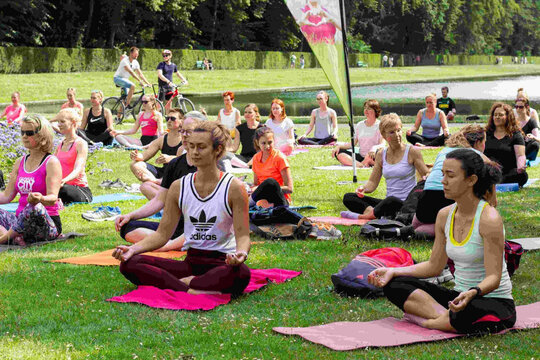 Teilnehmende der Aktion "Sport in Park" machen Yoga in einem Düsseldorfer Park. 