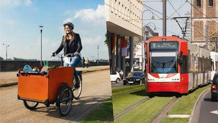 Nachhaltige Mobilität in der Stadt: Frau fährt auf einem Lastenrad in Düsseldorf (linke Bildhälfte) und Straßenbahn in Köln (rechte Bildhälfte)