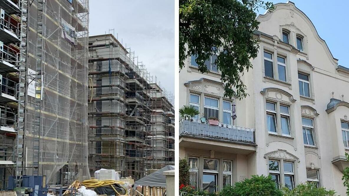 Geteiltes Bild mit Baustelle auf der linken Seite und Fassade von Altbau auf der rechten Seite
